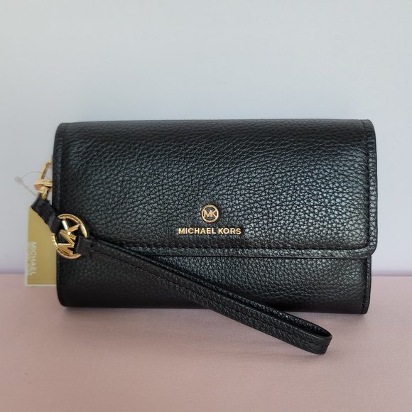 MICHAEL KORS Jet Set Charm Pebble Leather Large Flap Phone Wristlet-Black - Picture 1 of 16